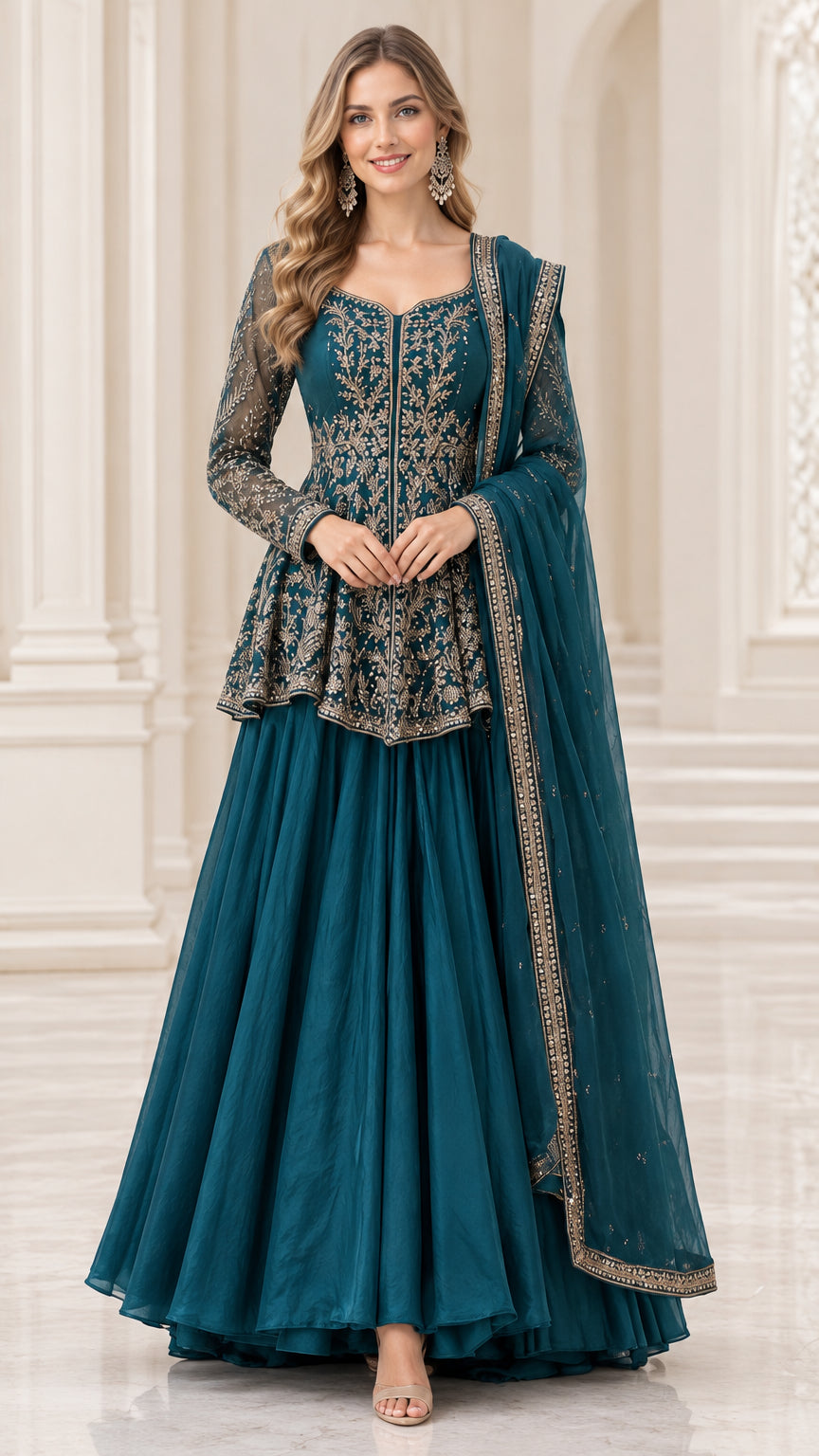Full front view of teal blue embroidered peplum top and flared skirt ethnic set with dupatta