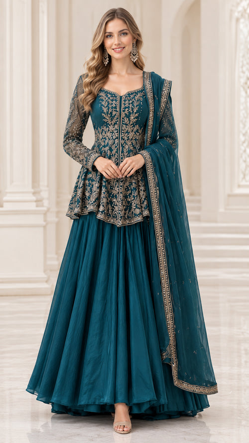 Full front view of teal blue embroidered peplum top and flared skirt ethnic set with dupatta