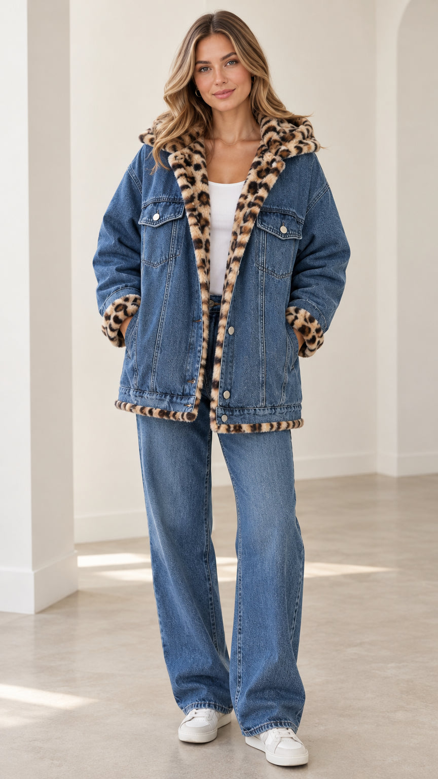 Front view of model wearing blue denim hooded jacket with leopard plush lining and wide-leg jeans set