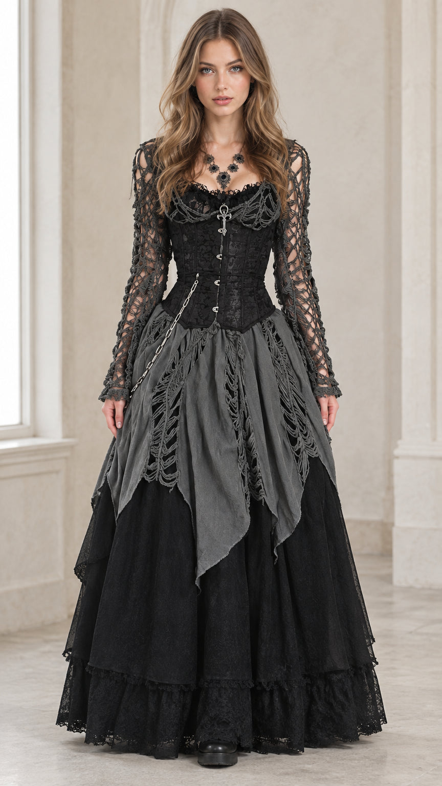 Front full-length view of woman wearing black gothic corset maxi gown with crochet lace sleeves and draped skirt
