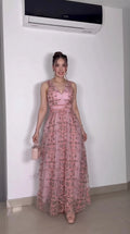 Full front view of model wearing pink floral appliqué V-neck tulle maxi dress