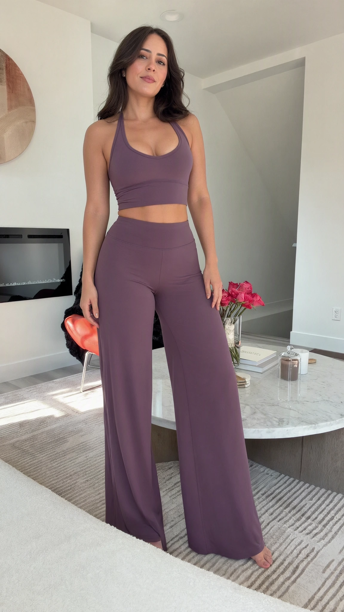 Front view of model wearing dusty mauve racerback crop top and high-waisted wide-leg lounge pants set