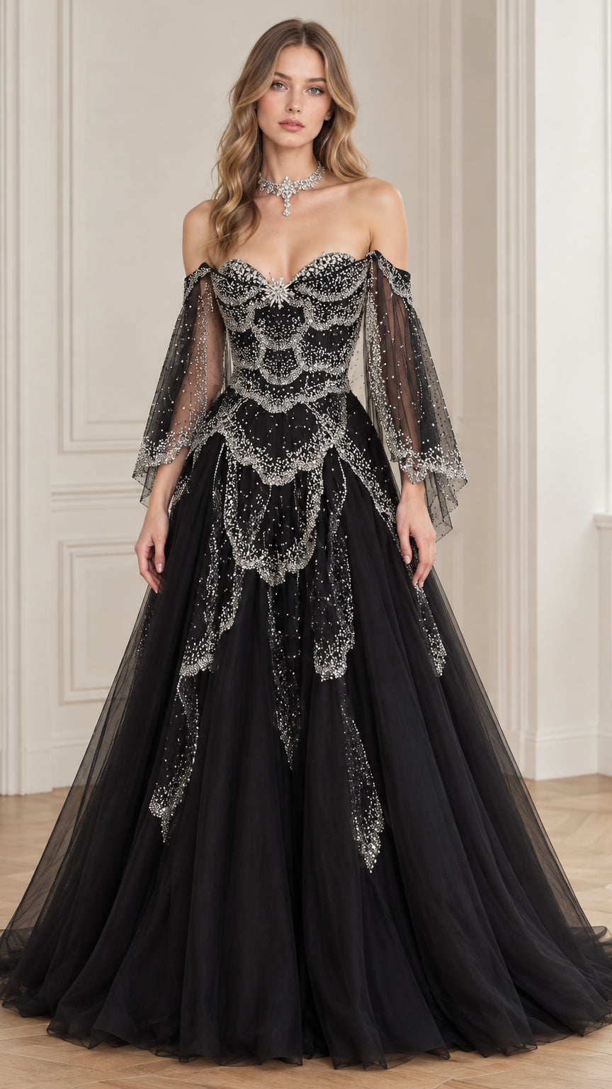 Front view of black off-the-shoulder embellished tulle evening ballgown