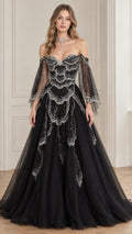 Front view of black off-the-shoulder embellished tulle evening ballgown