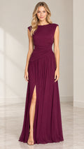 Burgundy sleeveless cowl back maxi evening dress front view with slit