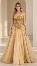 Gold beaded corset halter tulle ball gown front view on model