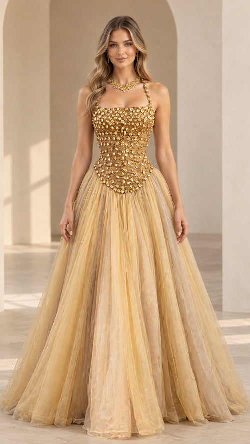 Gold beaded corset halter tulle ball gown front view on model