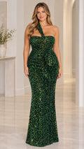 Front view of model wearing asymmetrical one-shoulder sequin mermaid evening gown in emerald green