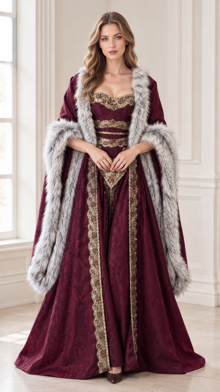 Front view of woman wearing burgundy medieval royal gown with faux fur trim and gold embroidery