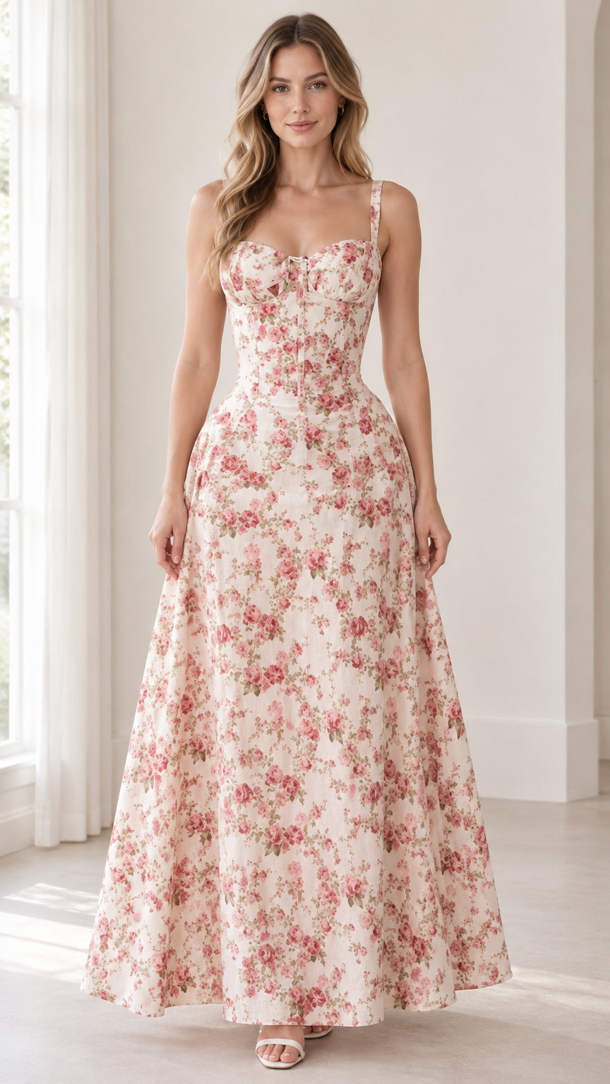 Front full-length view of model wearing pink floral print corset maxi dress with sweetheart neckline