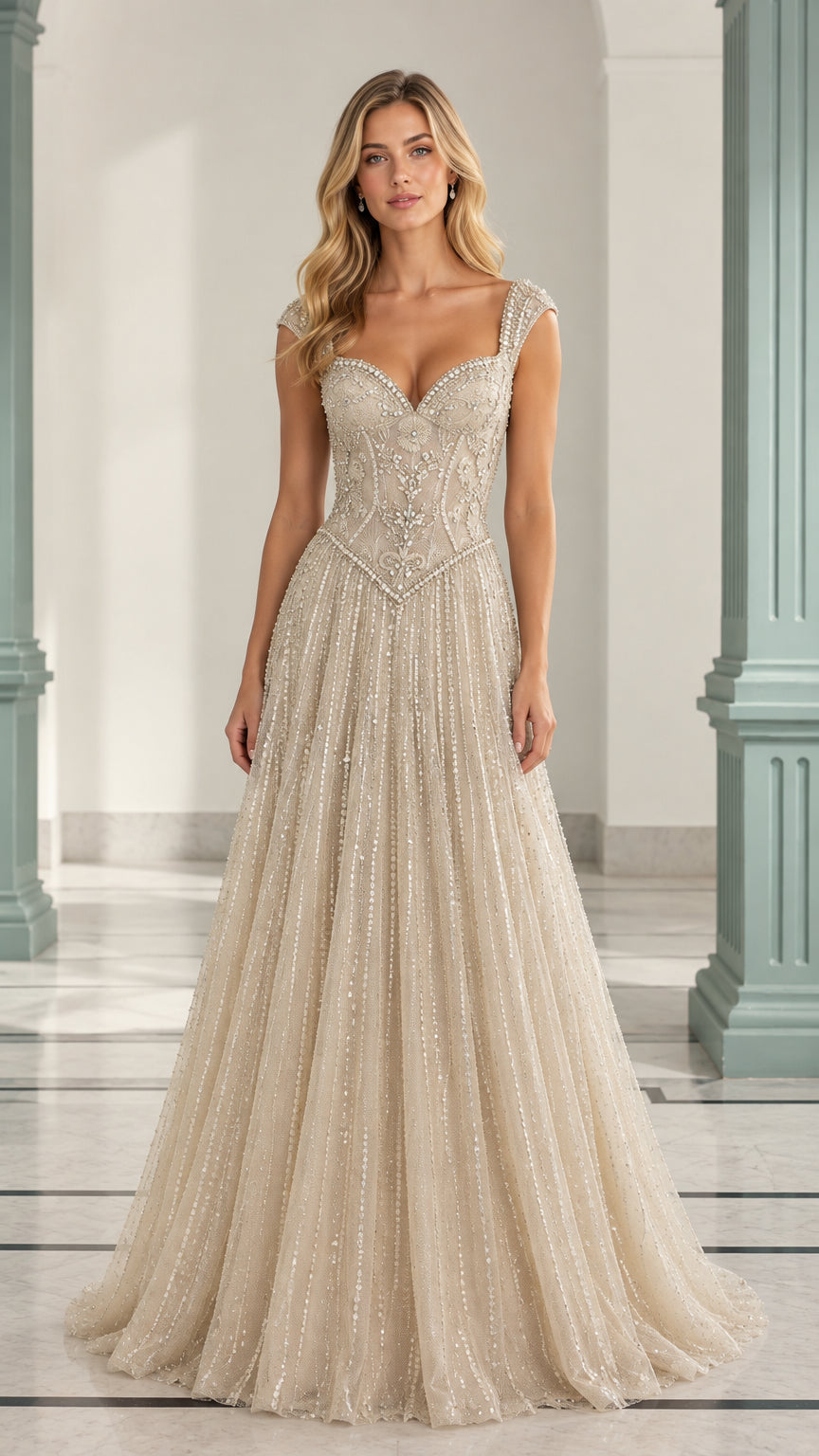 Front view of model wearing a Champagne beaded sweetheart evening gown with A-line skirt