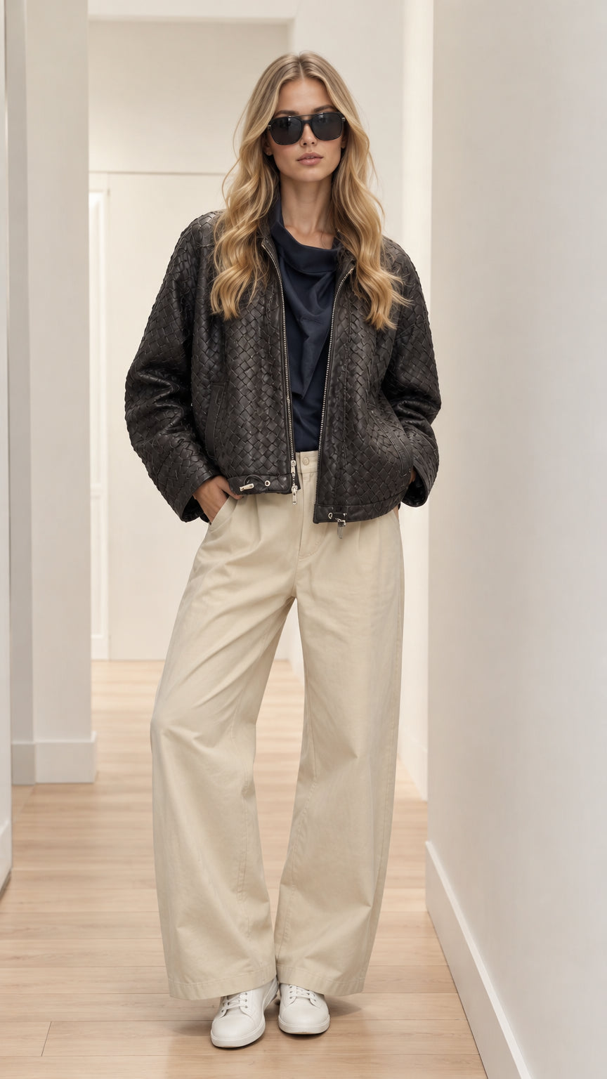 Front full-length view of model wearing black woven faux leather zip-up jacket with cream wide-leg trousers