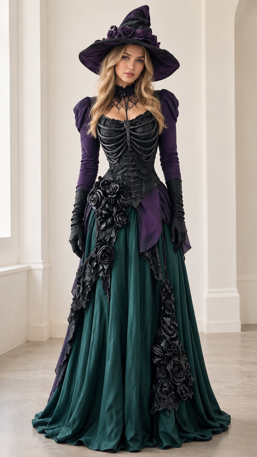 Full front view of gothic witch maxi gown in dark green and purple with sculpted ribcage corset bodice and matching witch hat