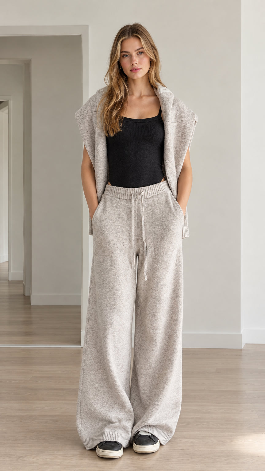 Front full view of woman wearing heather gray knit hooded vest and wide-leg lounge pants