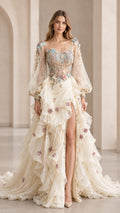Front full view of champagne floral applique formal gown with tiered ruffle skirt and high slit