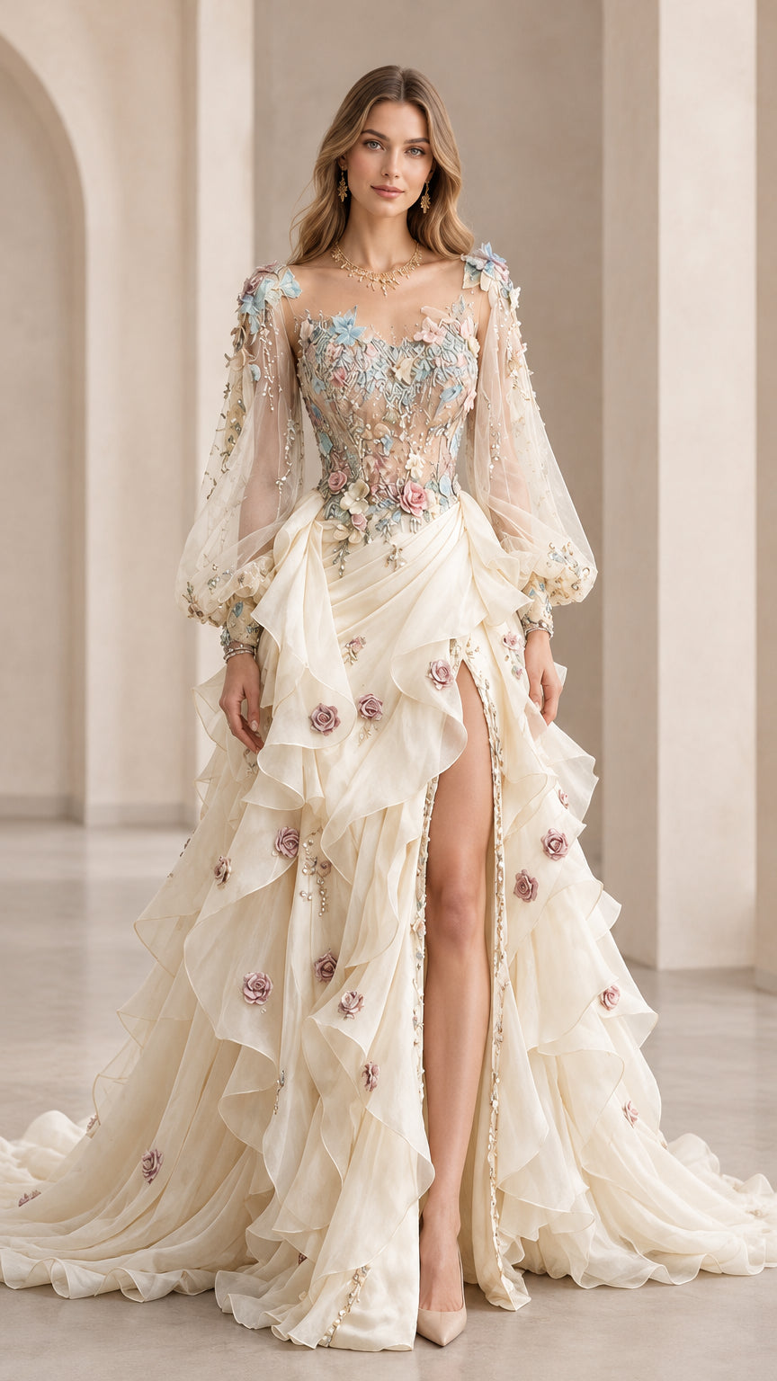 Front full view of champagne floral applique formal gown with tiered ruffle skirt and high slit