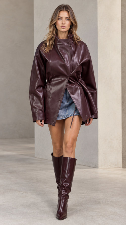 Front full-length view of model wearing burgundy faux leather jacket with cinched drawstring waist and knee-high boots