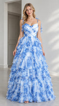 Front view of model wearing blue floral tiered tulle sweetheart evening gown