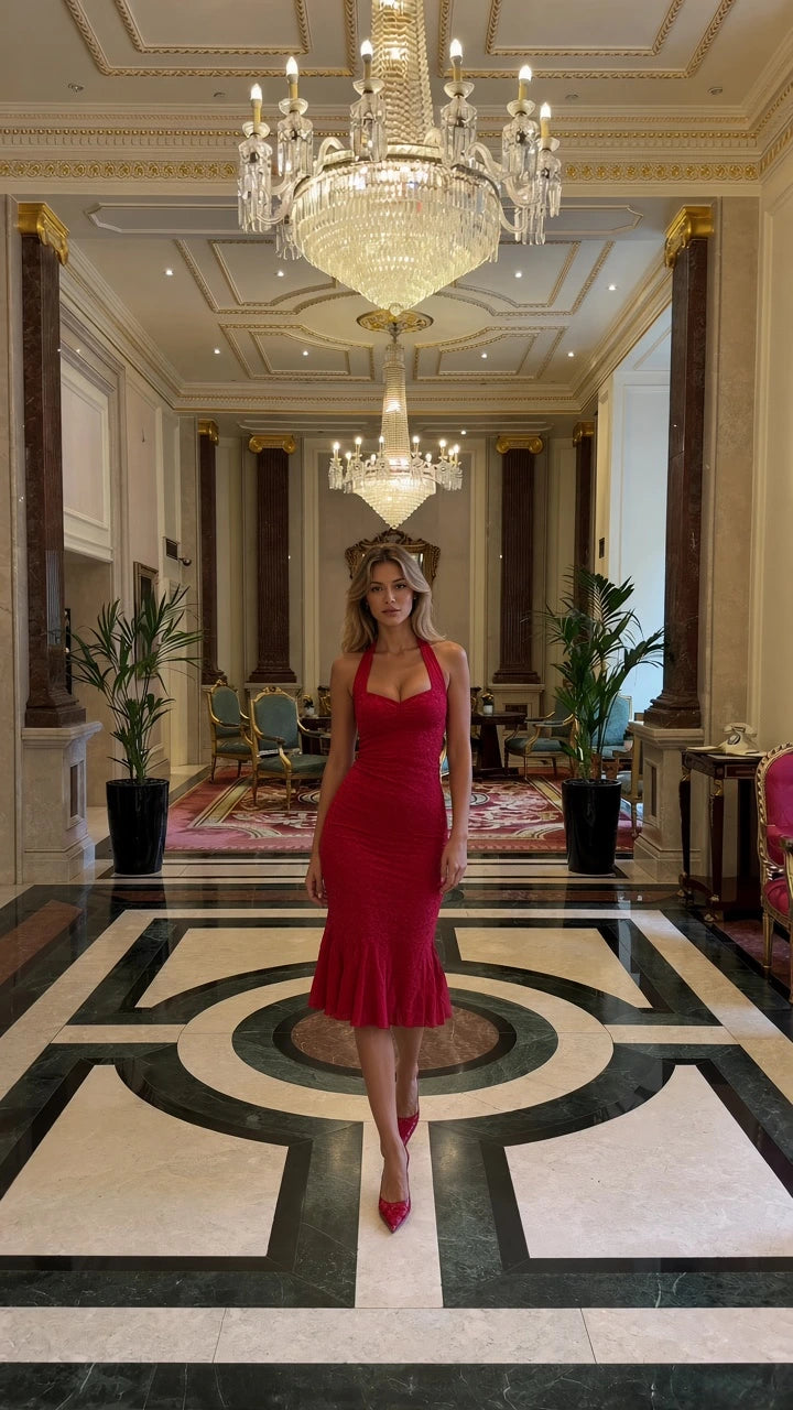 Front view of model wearing red halter sweetheart mermaid midi dress