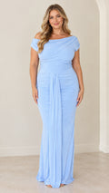 Sky blue off-the-shoulder ruched maxi evening dress front view