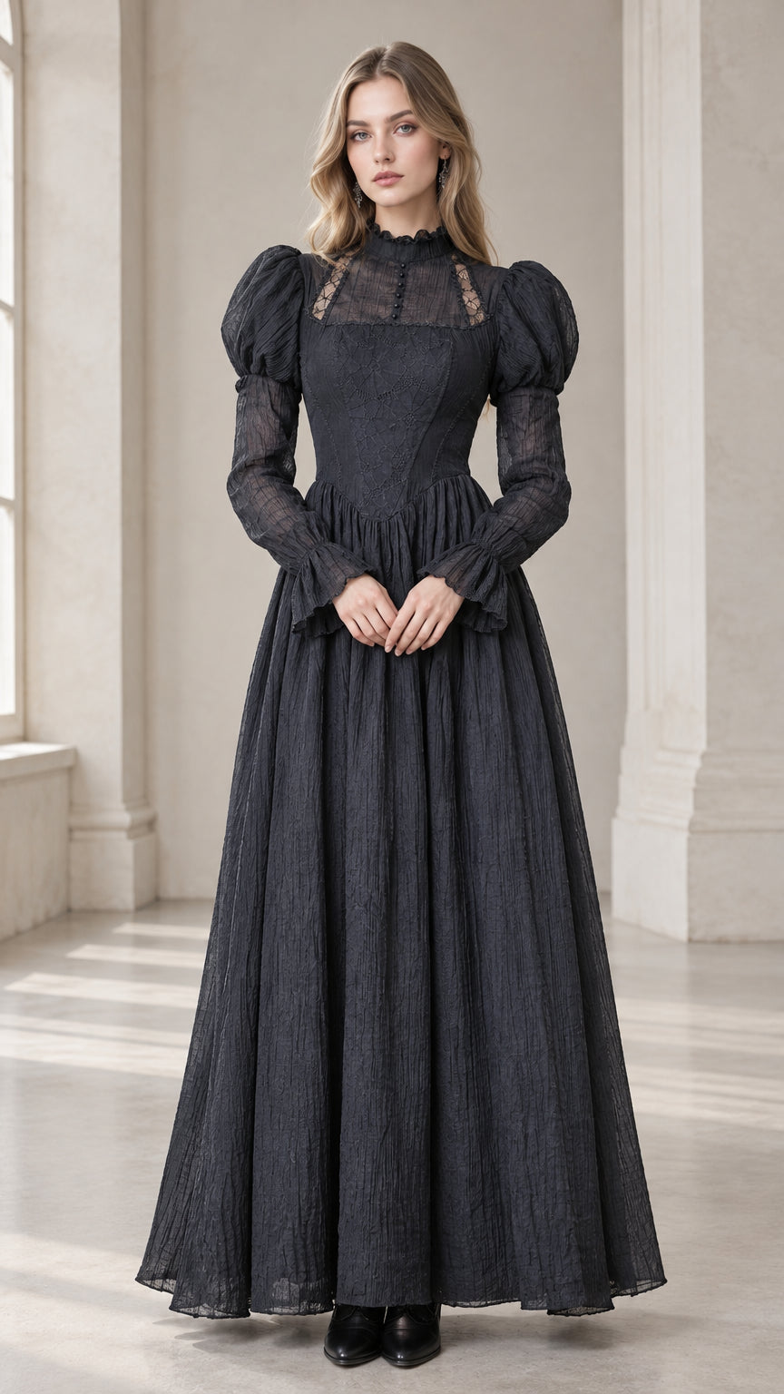 Front full view of black Victorian mock neck puff sleeve lace maxi dress