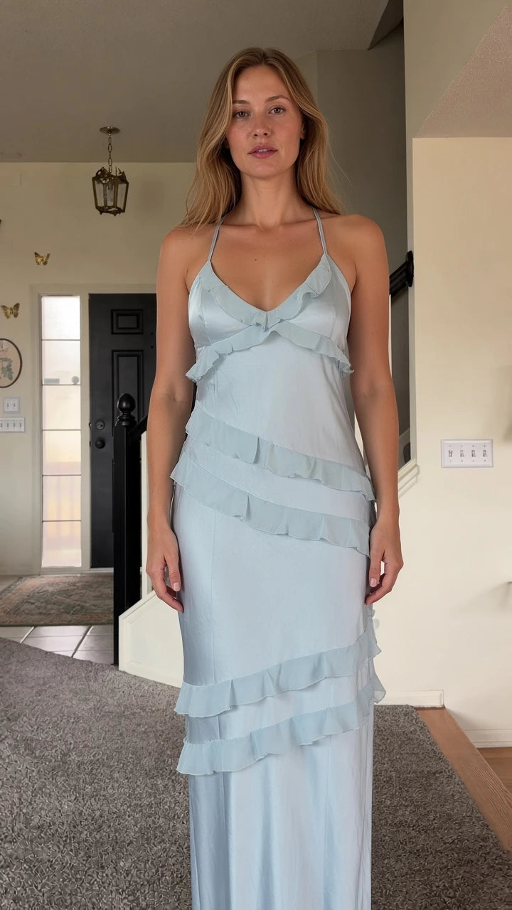 Light blue asymmetrical tiered ruffle satin maxi dress front view