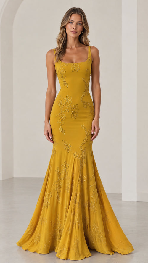 Full front view of Mustard Yellow floral beaded mermaid evening gown
