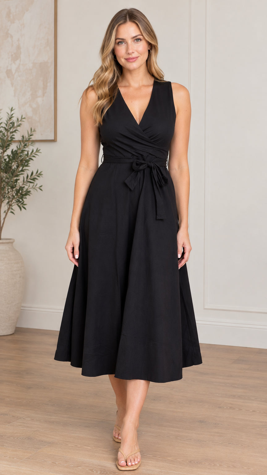 Front view of model wearing black sleeveless V-neck wrap midi dress with tie waist