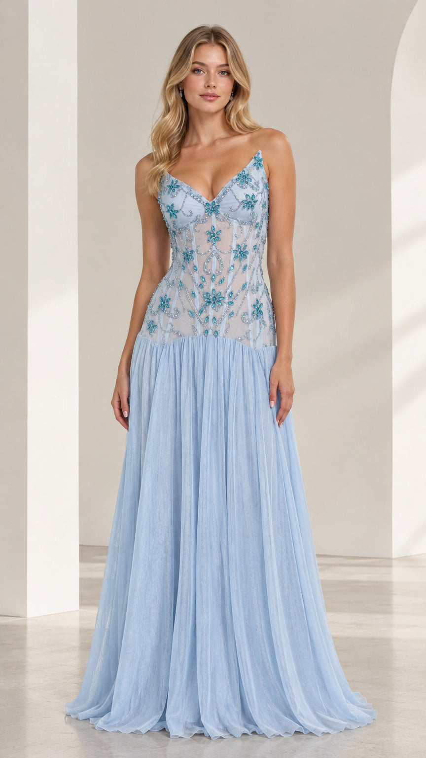 Front view of light blue floral beaded tulle evening gown with spaghetti straps
