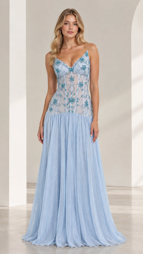 Front view of light blue floral beaded tulle evening gown with spaghetti straps