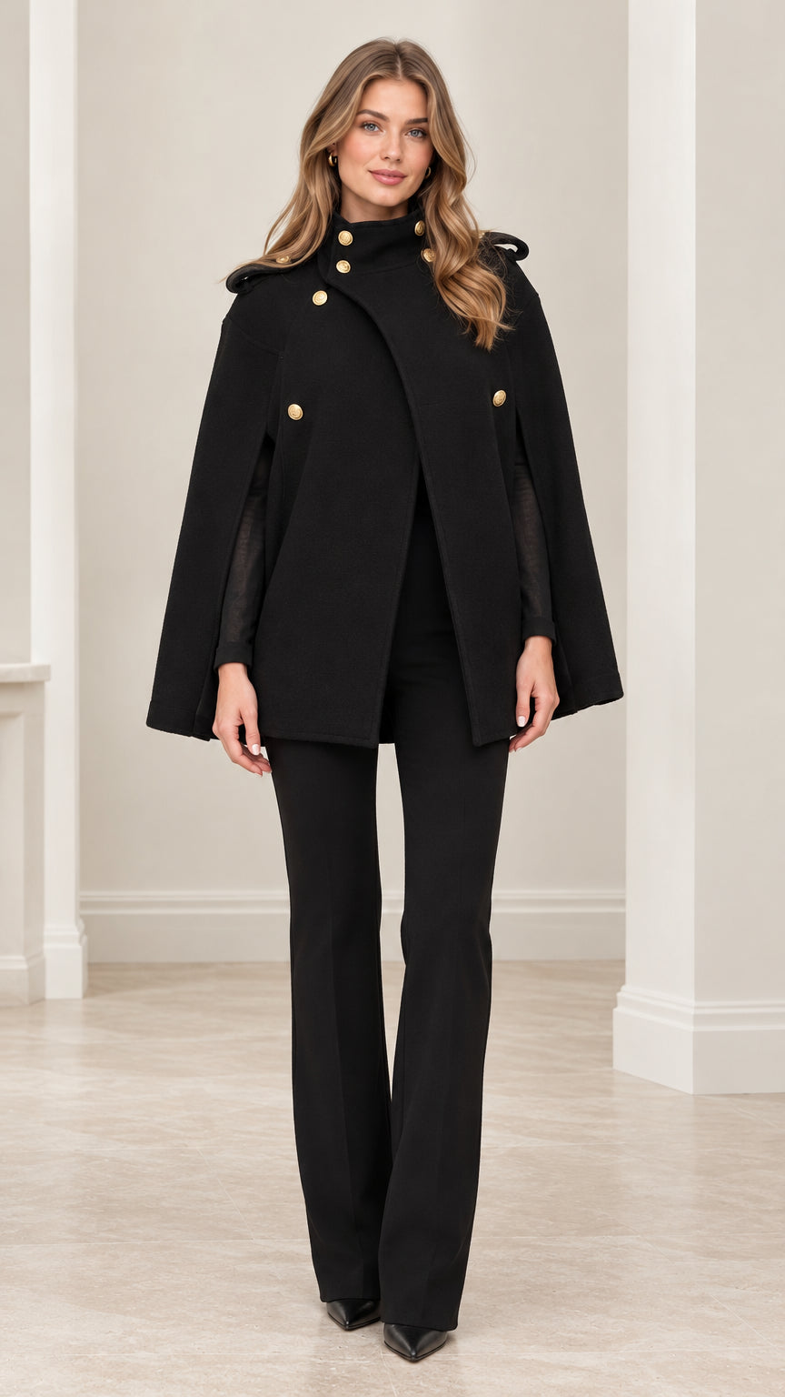 Front full-length view of model wearing black military cape coat with gold buttons and matching black trousers
