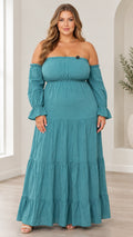 Front view of model wearing teal off-the-shoulder tiered maxi dress with flared sleeves