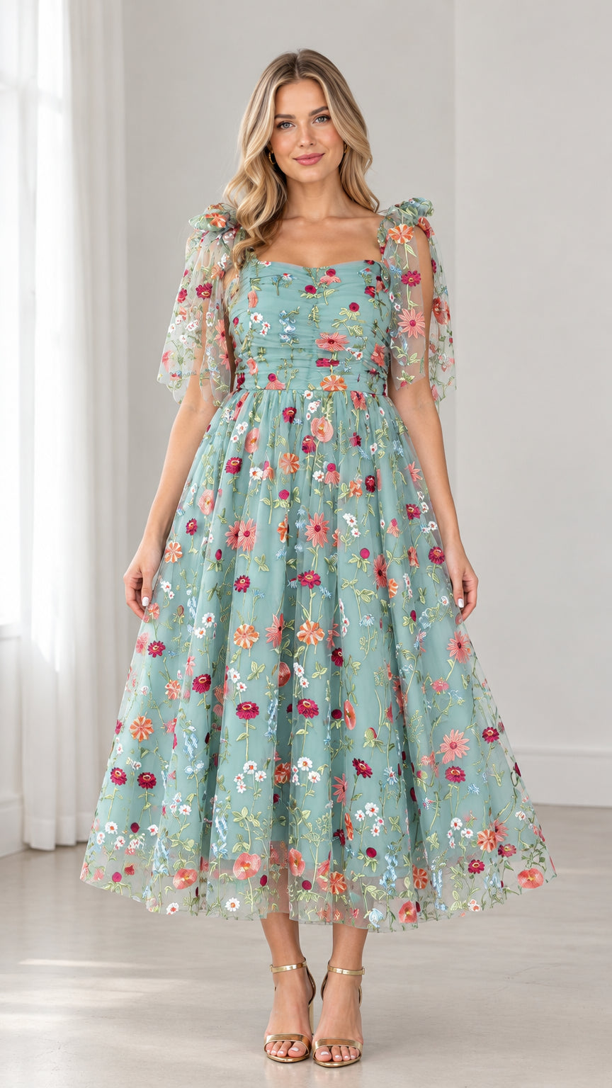 Front view of model wearing sage green floral embroidered tulle square neck midi dress