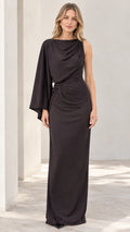 Front full view of black asymmetrical one-shoulder cape sleeve maxi evening dress