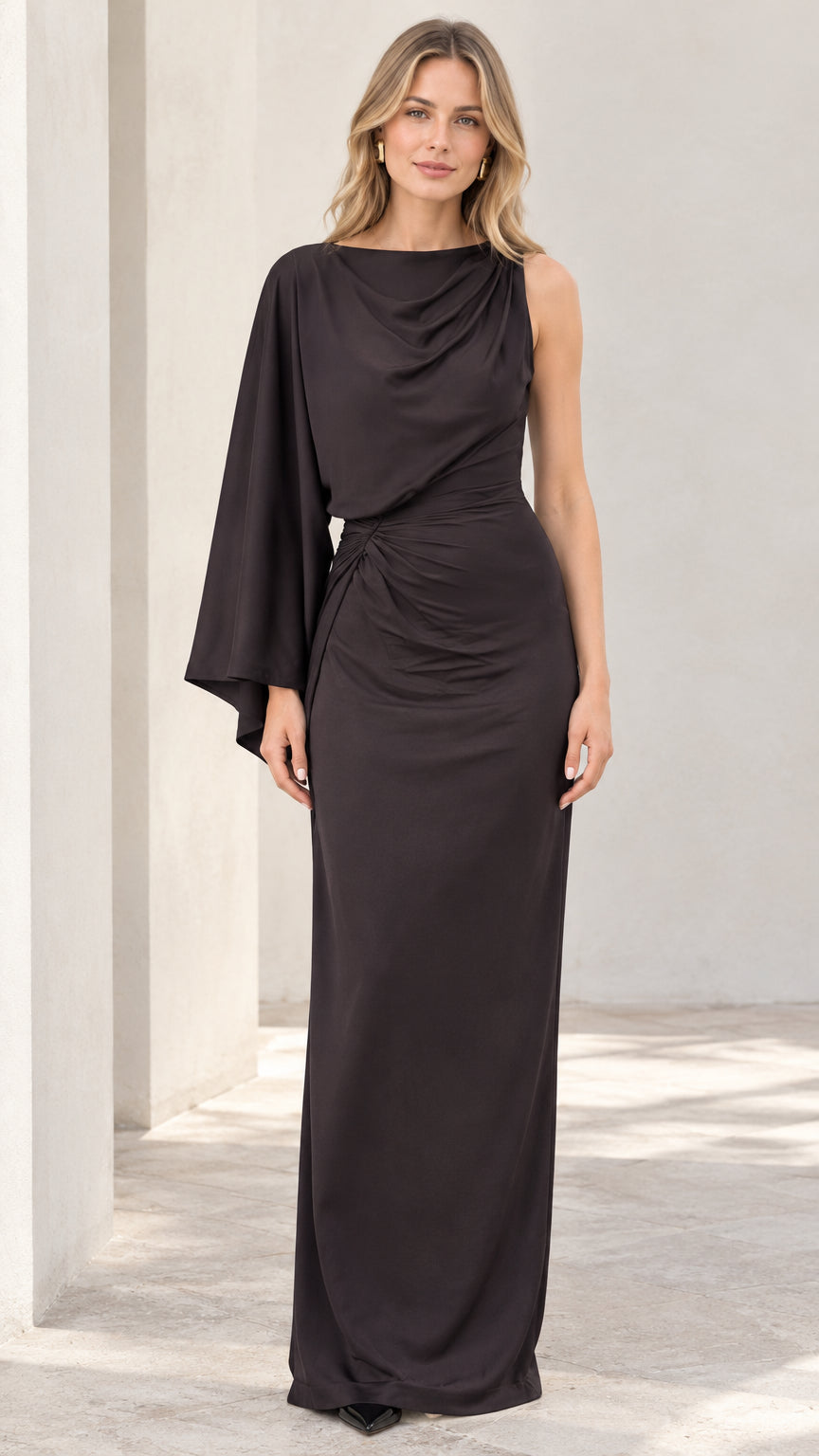 Front full view of black asymmetrical one-shoulder cape sleeve maxi evening dress