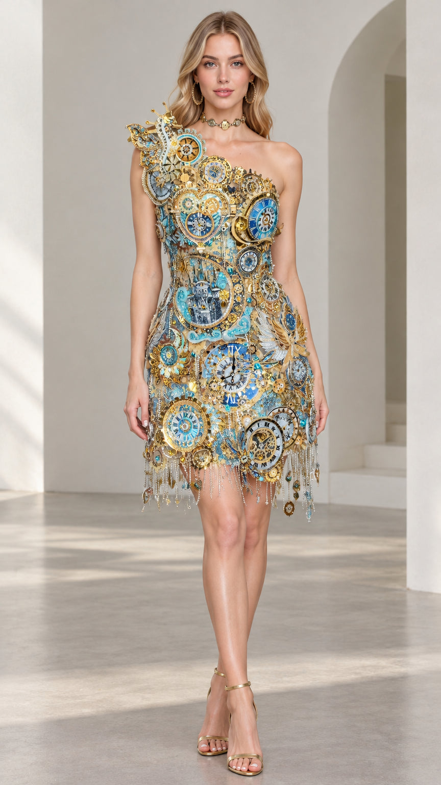 Front view of model wearing a light blue and gold one-shoulder embellished clockwork mini dress with fringe hem