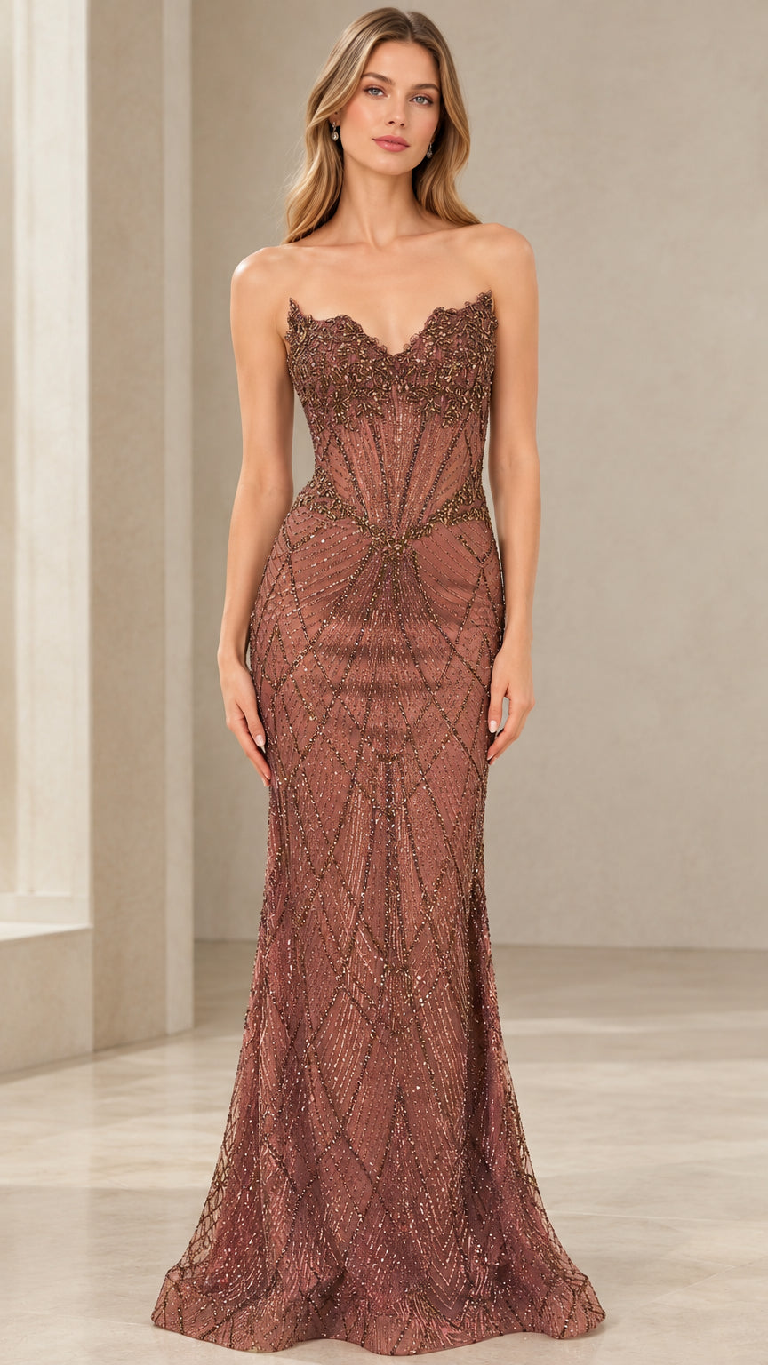 Front view of model wearing dusty rose strapless beaded corset mermaid evening gown