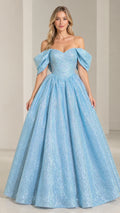Front view of light blue off-the-shoulder shimmer ball gown with sweetheart bodice and full pleated skirt