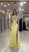 Pale yellow one-shoulder rhinestone corset evening gown with high slit front view