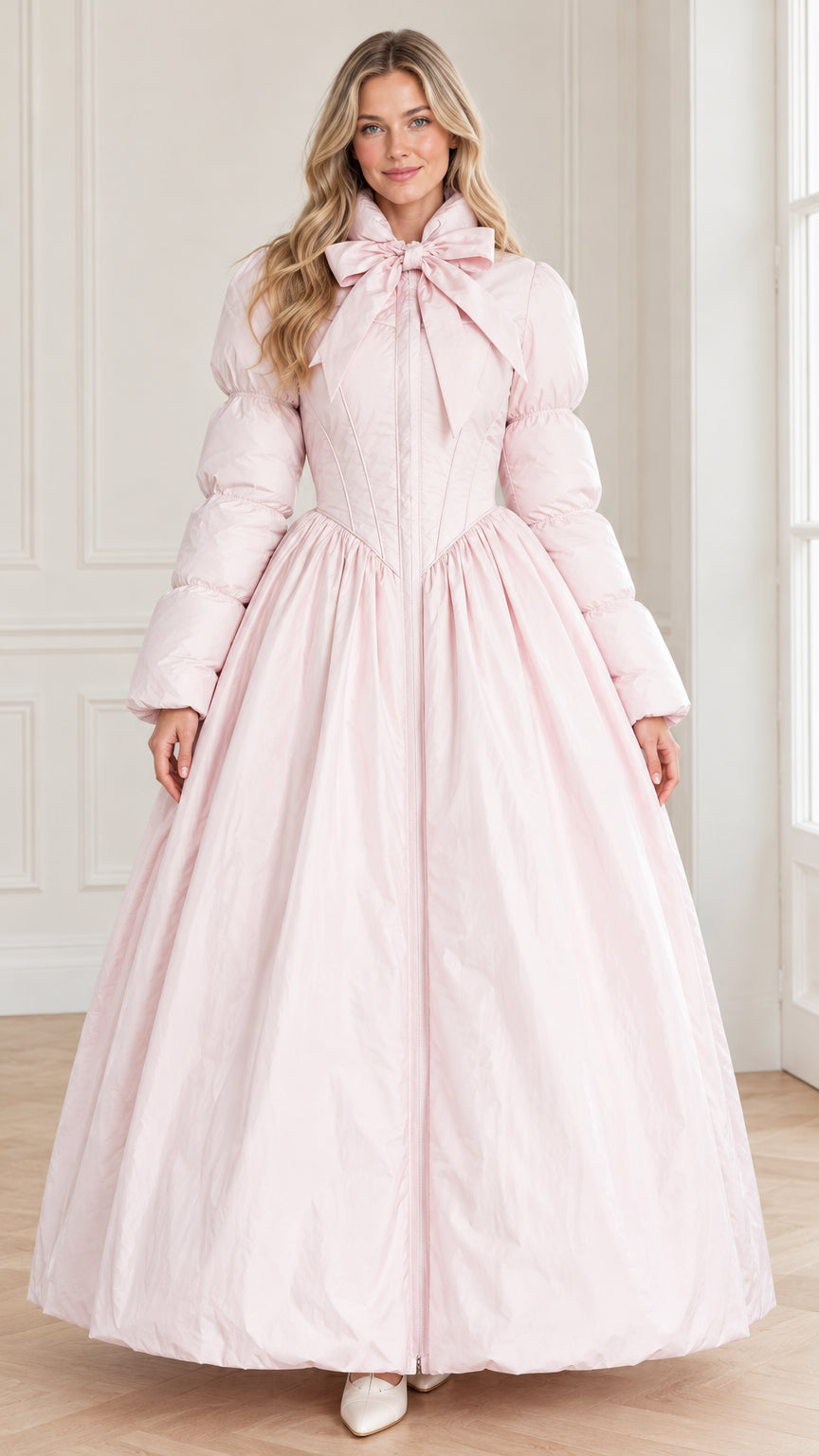 Front view of model wearing a light pink maxi ballgown puffer coat with oversized bow neck tie