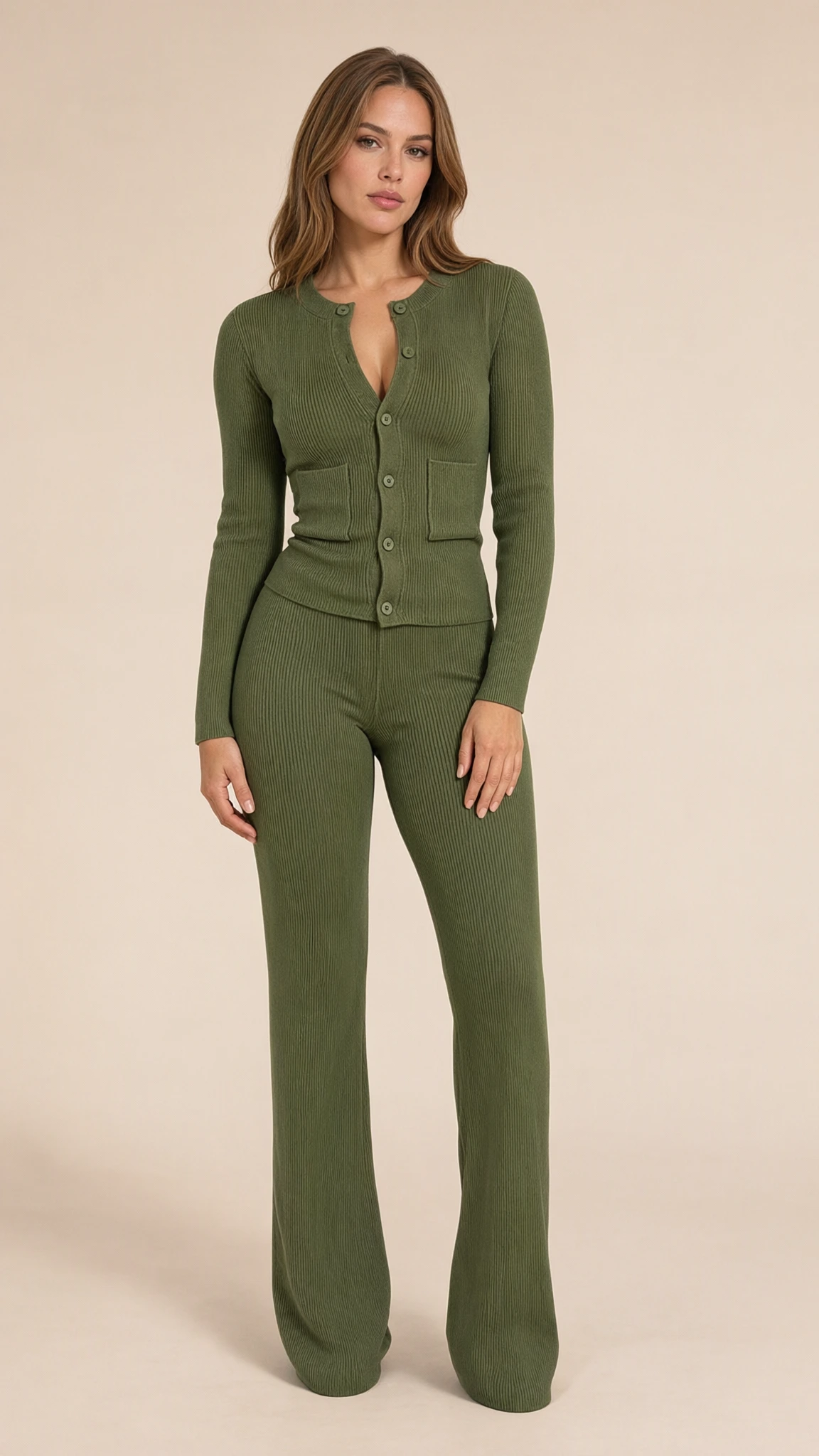 Front view of model wearing olive green ribbed knit button cardigan and flared pants set