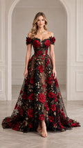 Full front view of black off-the-shoulder ball gown with red 3D roses and gold embroidery