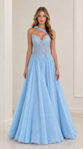 Light blue one-shoulder corset tulle evening gown front view