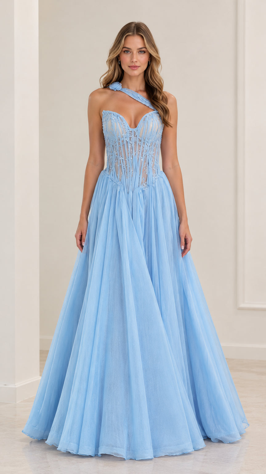 Light blue one-shoulder corset tulle evening gown front view