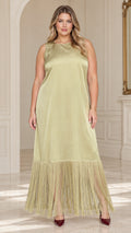 Front view of model wearing sage green sleeveless satin maxi dress with fringe hem