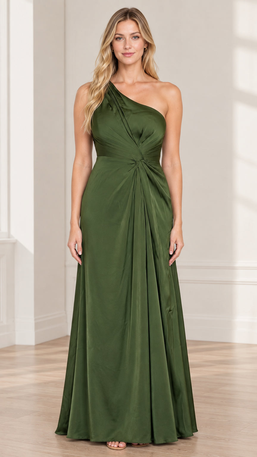 Front view of woman wearing olive green one-shoulder pleated maxi dress