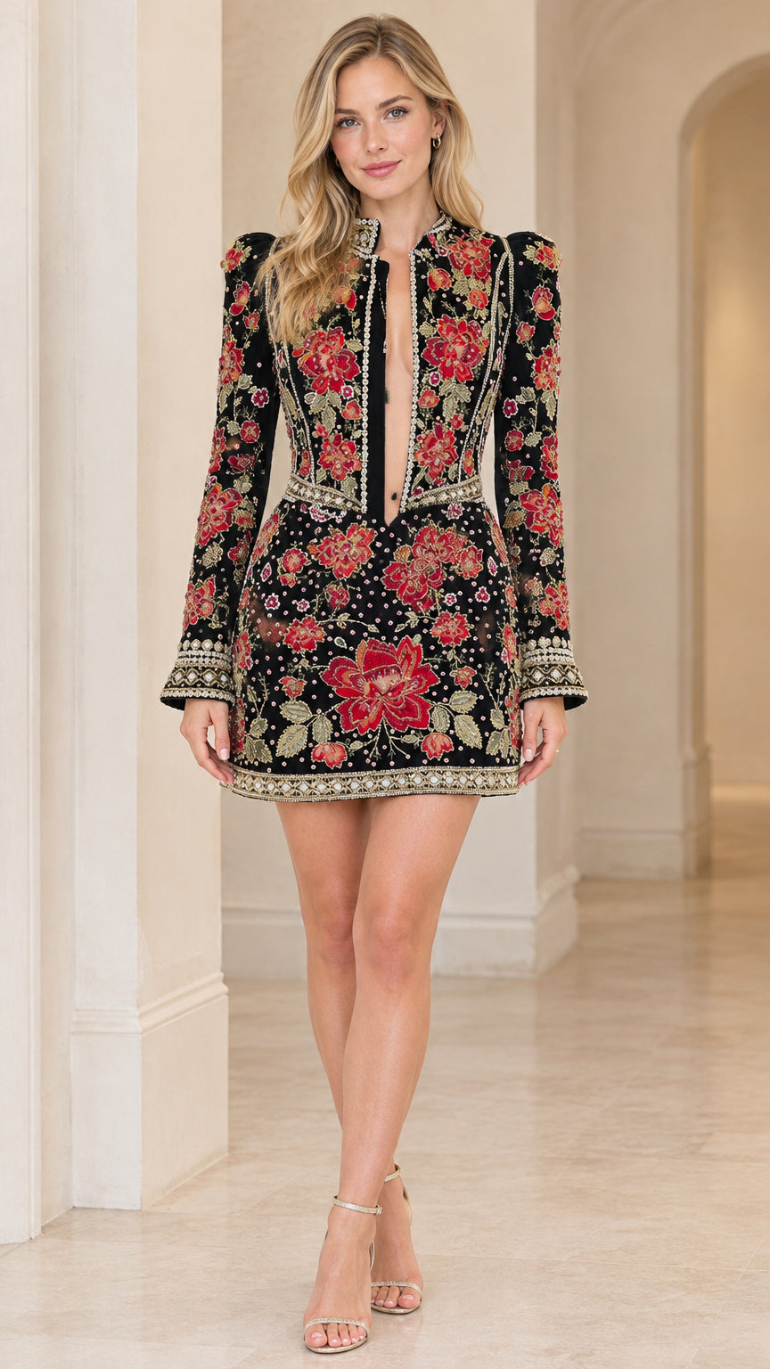 Front view of model wearing black floral embroidered long sleeve mini dress with plunging keyhole neckline