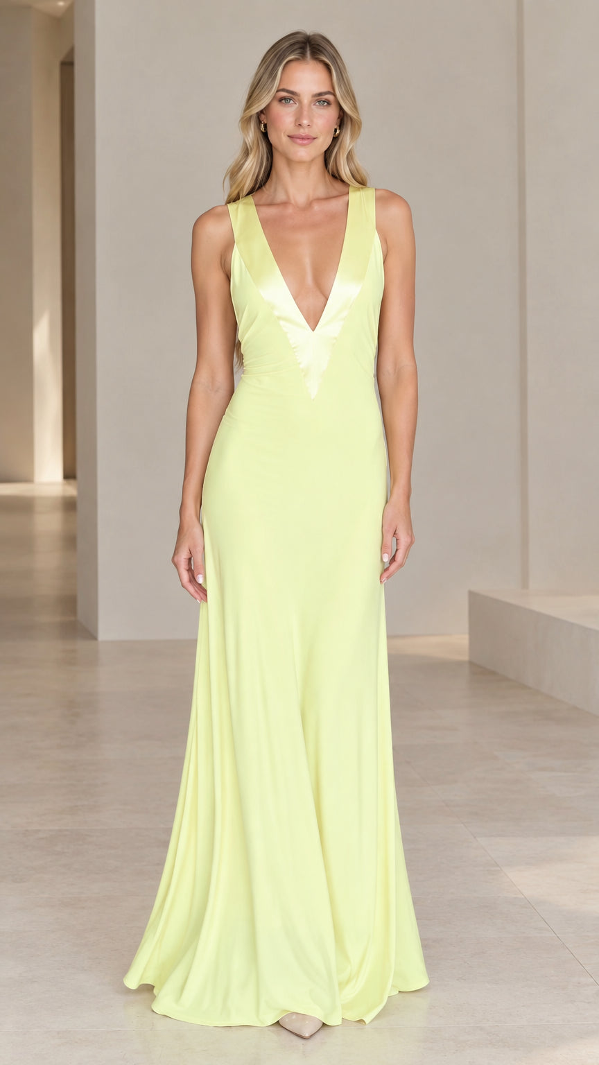 Front full-length view of model wearing pastel yellow sleeveless V-neck maxi evening gown