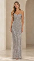Front view of model wearing a floor-length silver beaded fringe evening dress with sweetheart neckline