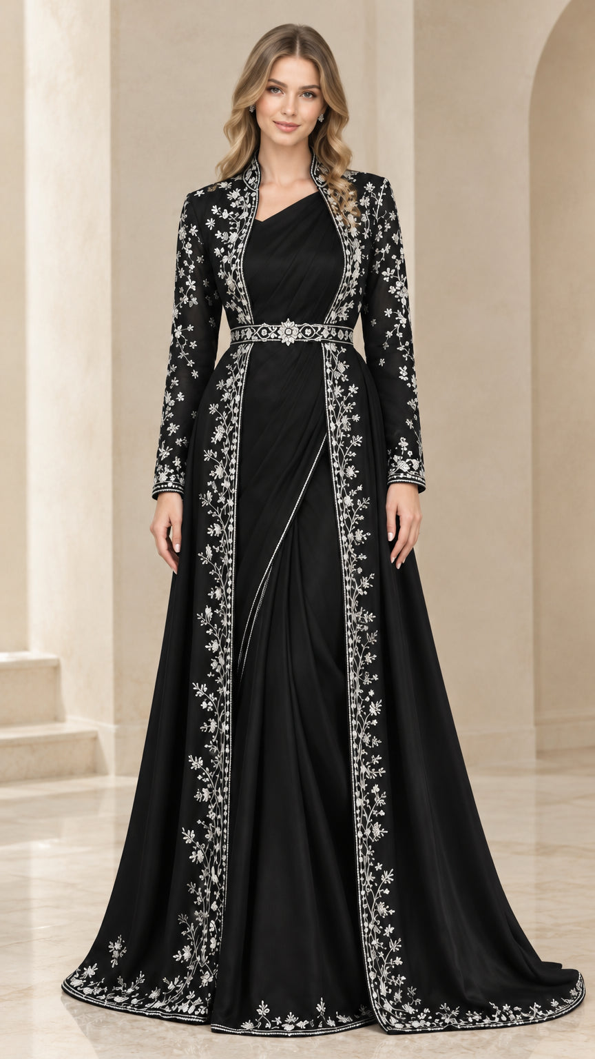 Front full view of black embroidered formal evening gown and matching open-front long coat set